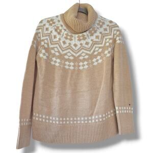 Tommy Hilfiger Fair Isle Knit Turtle Neck Sweater Beige Women's Size M Fisherman